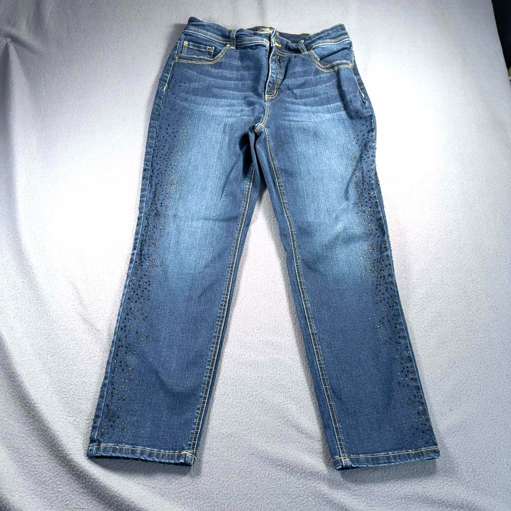 Chico's So Slimming Ankle Jeans Women's 1 Stretch Blue Embellished 32x26.5